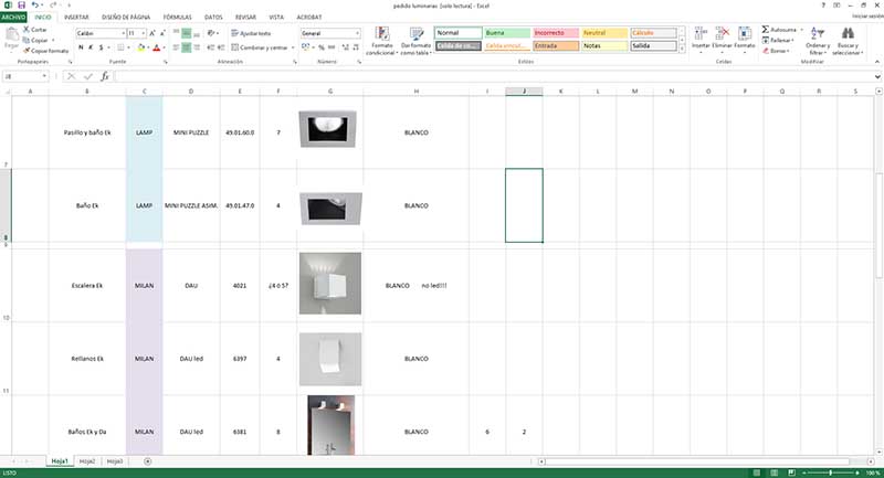 Interfaz de Excel con un archivo abierto con características de mobiliario.
